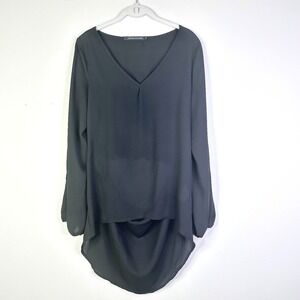 Haoduoyi Blouse Women L Black High Low Open Lace Back Sheer Split Slv Vneck Boho
